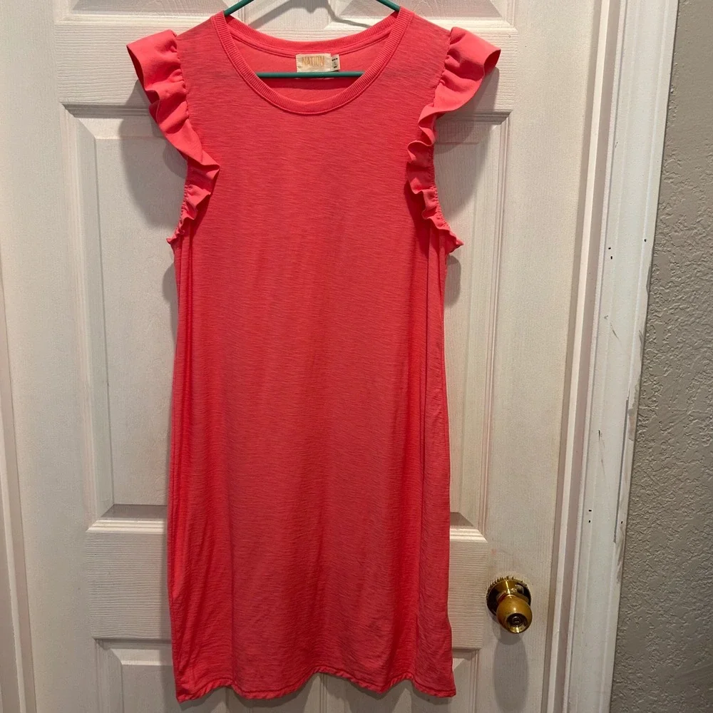 Nation LTD Elliot Ruffle Dress Women's Large Coral Pink Pima‎ Cotton